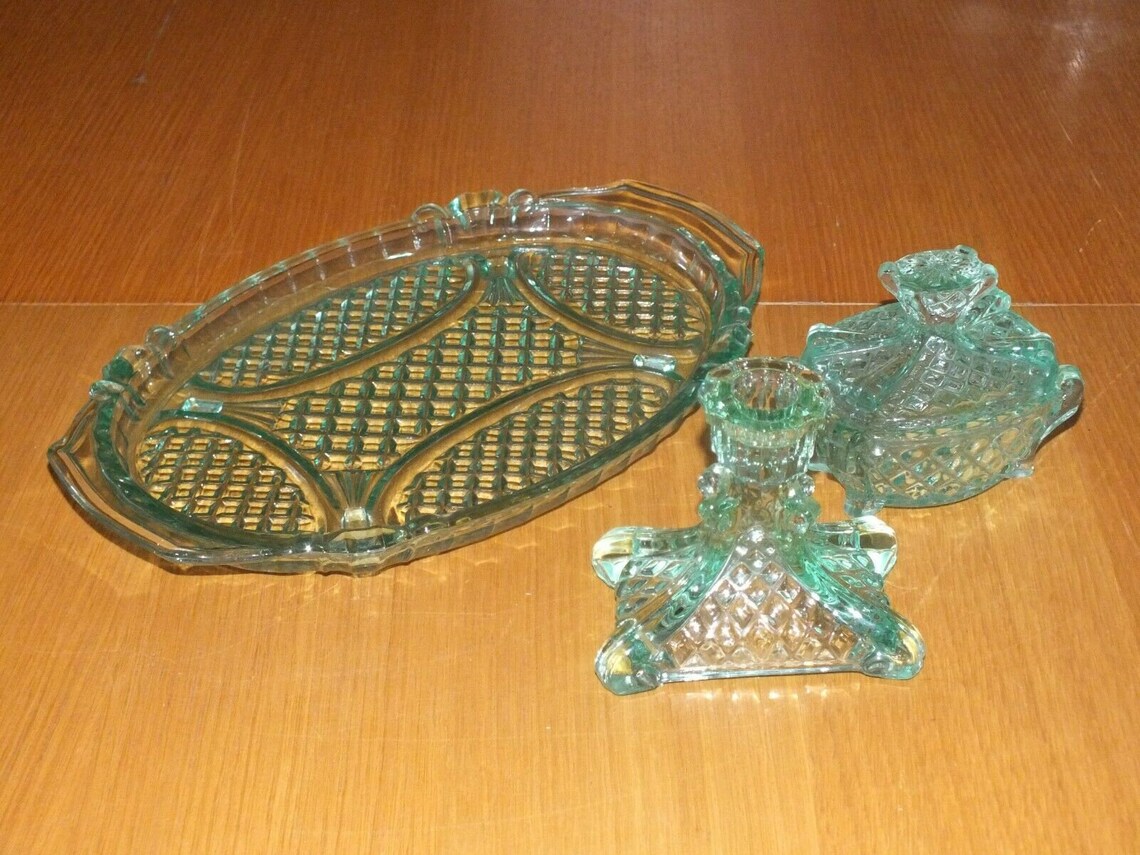 Vintage art deco uranium glass trinket dressing table set tray Etsy