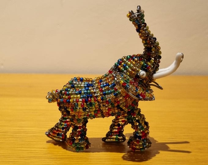 Beaded Elephant Figurine: Handmade African Wire & Glass Bead Sculpture