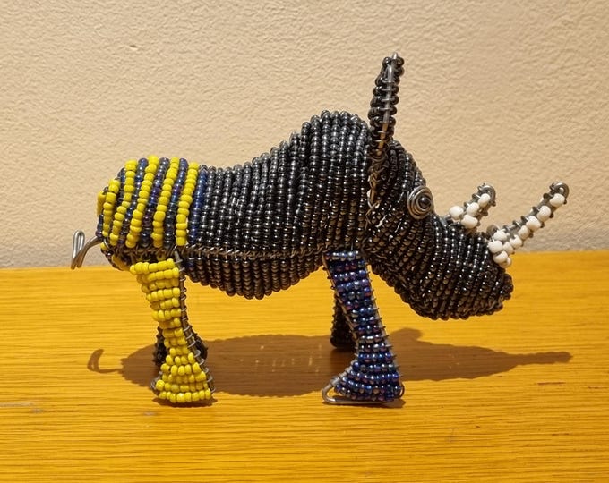 Handmade Beaded Rhino Figurine – African Wire & Glass Bead Animal Sculpture, Fair Trade Wildlife Home Decor
