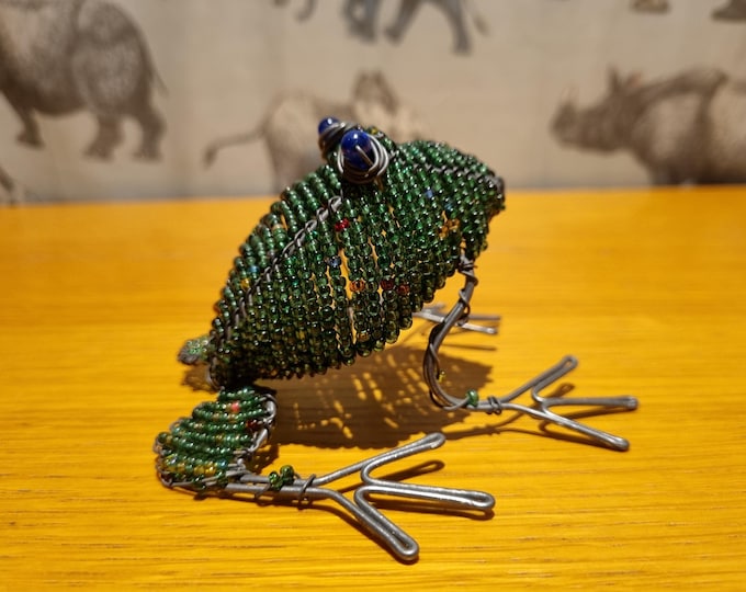 Green Beaded Frog Sculpture: African Wire Art, Ethical Wildlife Decor