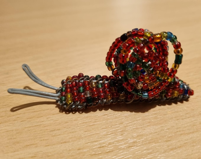 Beaded Snail Sculpture: Colorful African Bead Art, Wire Animal Ornament