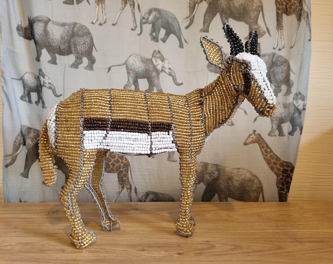 Handmade Beaded Springbok Sculpture: African Art (30cm)
