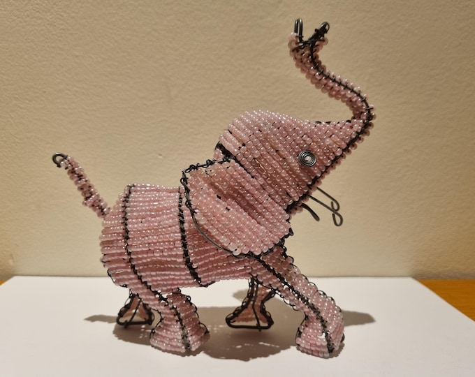 Handmade Beaded Pink Elephant Figurine: African Wire & Glass Bead Sculpture