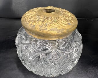 Vintage Cut Glass Hair Receiver, Repousse Metal Lid (4"x4")