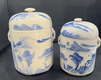 Vintage Blue and White Ceramic Tea Canisters Set (Large, Medium)