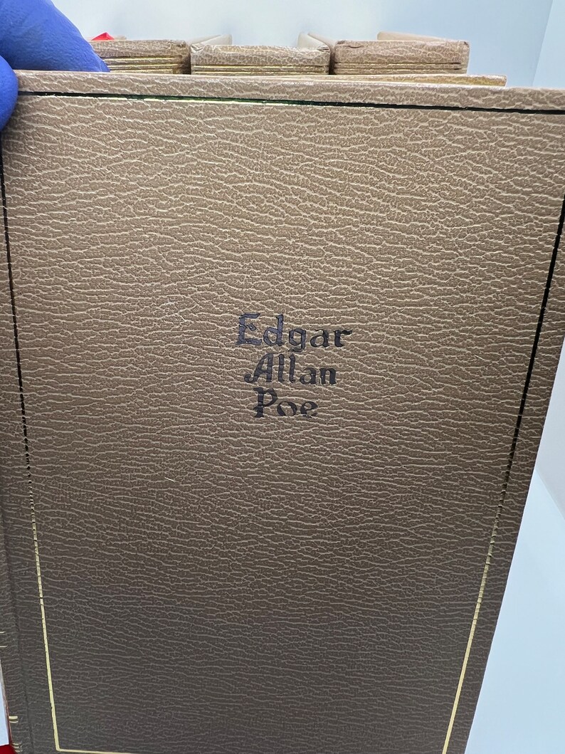May include: A brown leather-bound book with gold edging. The title "Edgar Allan Poe" is embossed in black on the front cover.