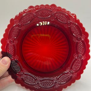 Vtg Avon 1876 Cape Cod Collection Ruby Red Pressed glass Manufactured by Wheaton Glass Company set of 2 small plates 7” wide Beautiful