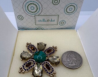 Stella and Dot Maltese Cross Brooch: Malachite Cabochon, Crystal Accents