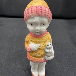 Vintage Bisque Doll Japan 19th Century Girl Holding Cat Collectible 3 Inch