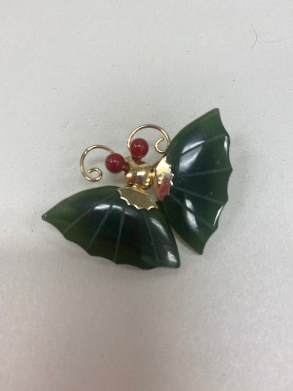 Vintage Jade and Coral Butterfly lapel pin.