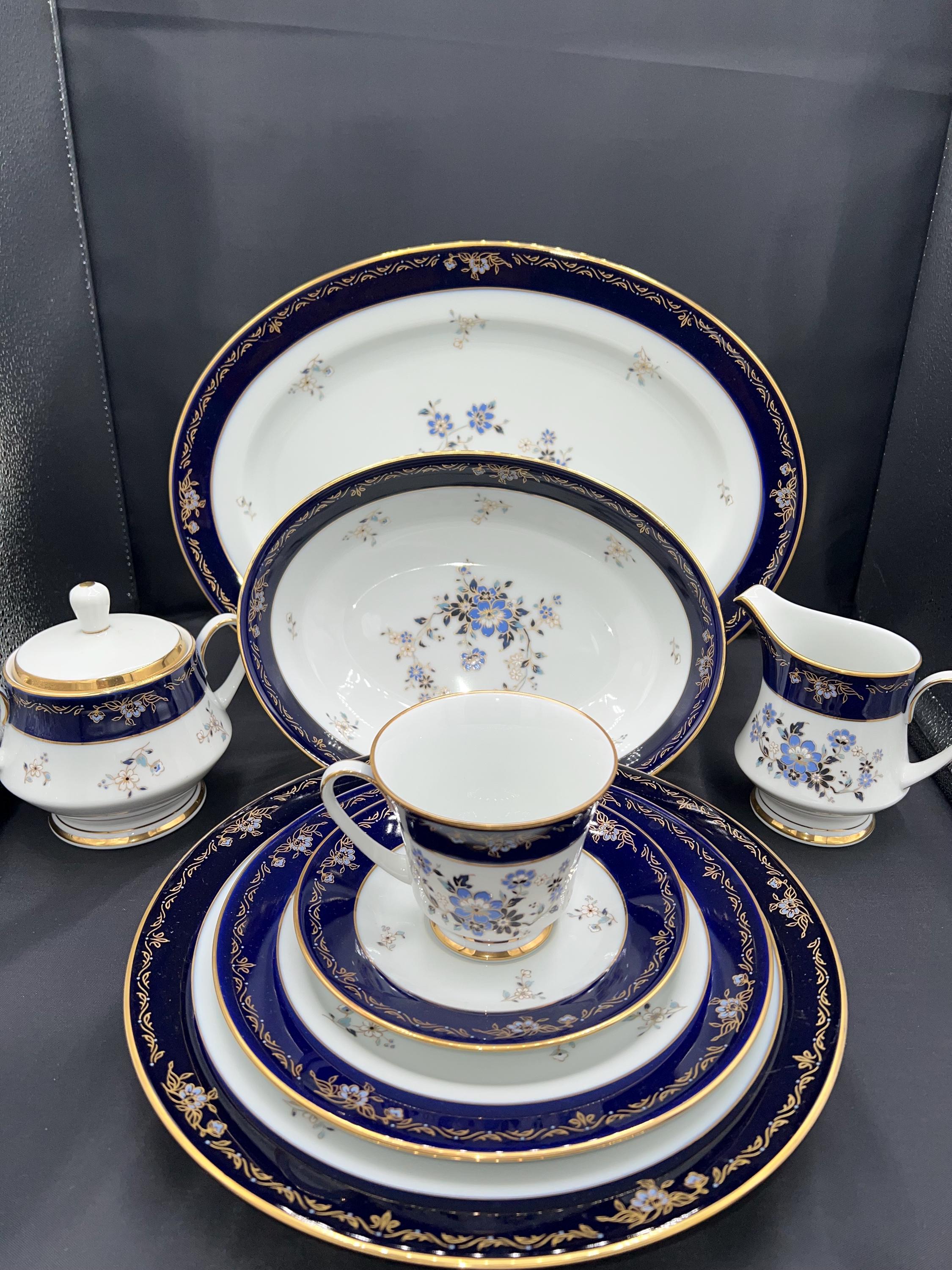 Vintage Noritake Dazure China Set, Floral Navy Gold Trim (40-piece