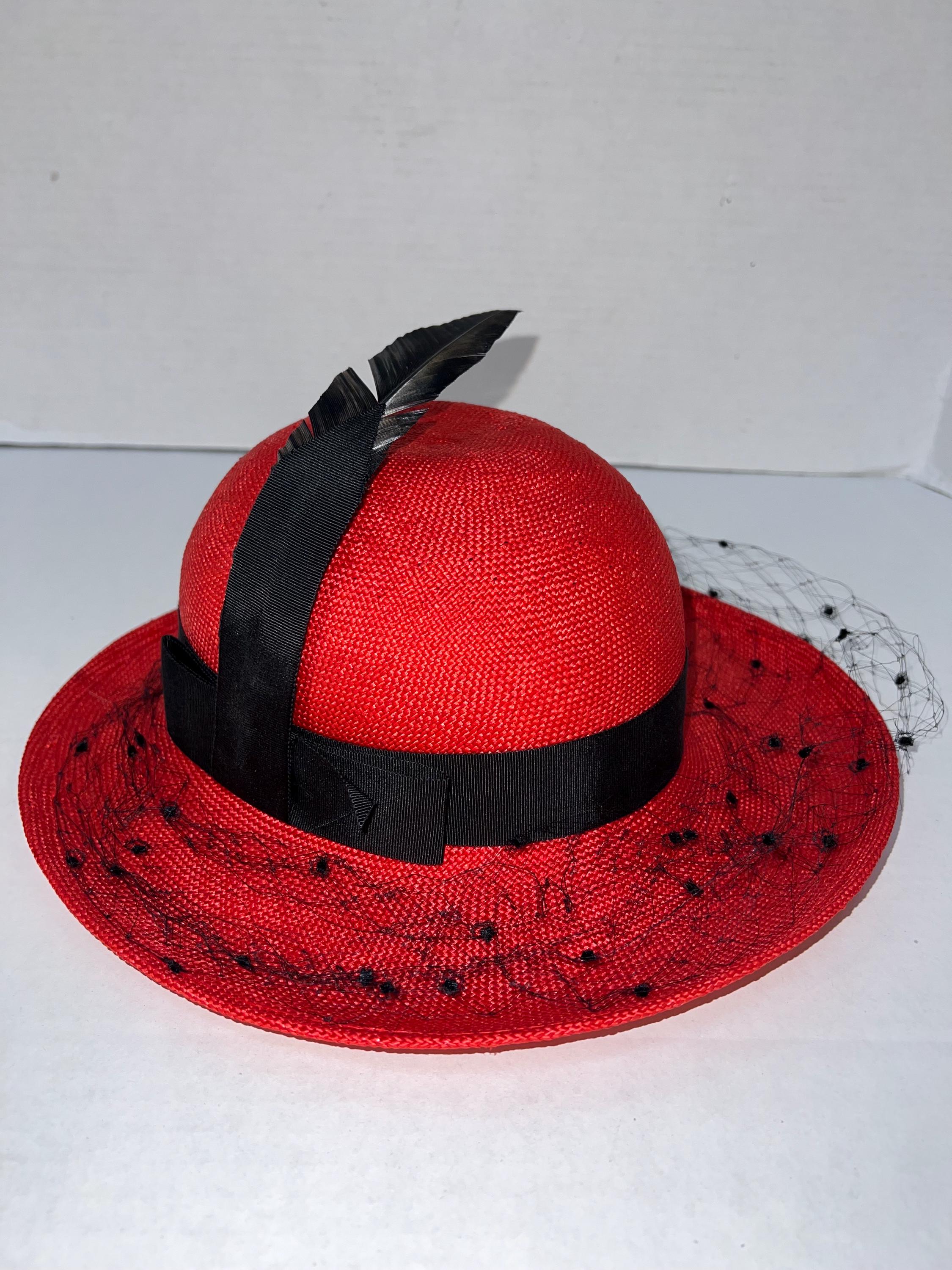 Vintage Miss Bierner Red Straw Hat, Black Feather Accent - Etsy