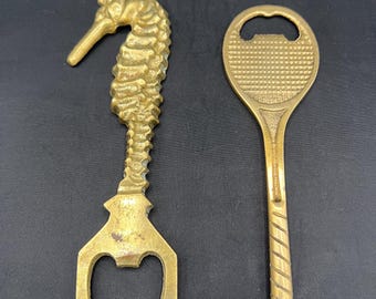 Brass bottle opener Sea Horse or Tennis Racket 6 inches long and 1.5 inches wide. Great for any collector.