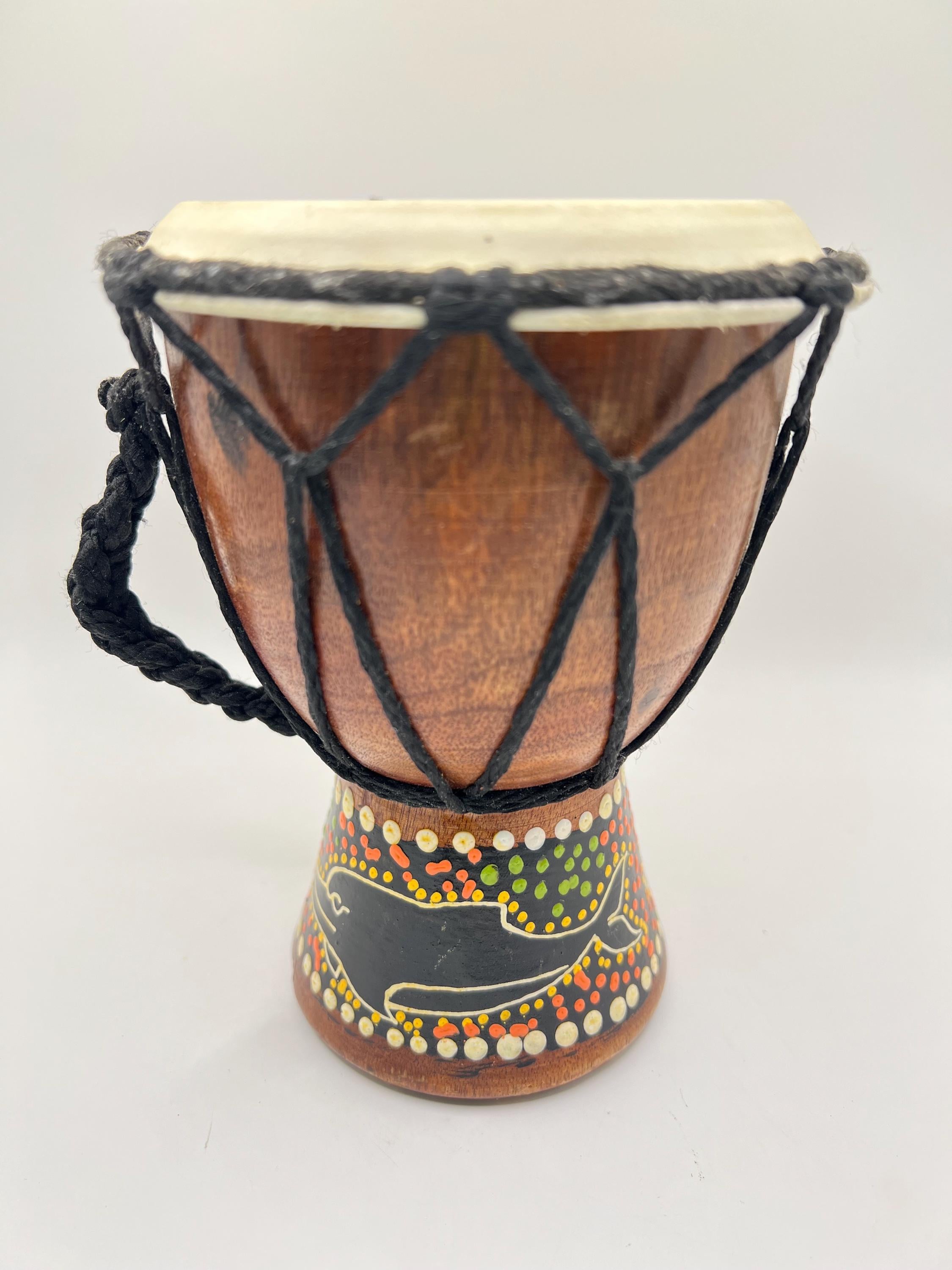 Folk African handmade drum djembe instrument 6” tall and 4” wide. Whales around the bottom. Very nice!