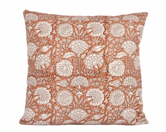 Designer Floral Terra cotta  on Natural cotton Pillow Cover, Pillow cover for sale, Boho Pillow, Decorative Pillow, Throw pillow cover