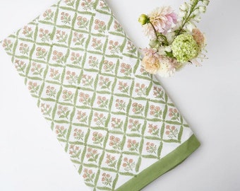 Cubierta de mantel francés verde, mantel impreso en bloque, mantel de comedor floral, decoración elegante, mantel rectangular, regalo de Navidad