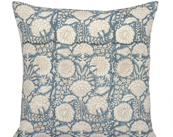 Floral Block Print Pillow Cover, Blue Terra Cotta Cotton, Boho Throw Pillow