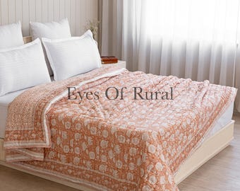Dark Pale Hand Block Printed Quilt, Kantha Quilt, Handmade Floral Reversible Quilt, Queen Size Quilt for sale, Throw Blanket For couch
