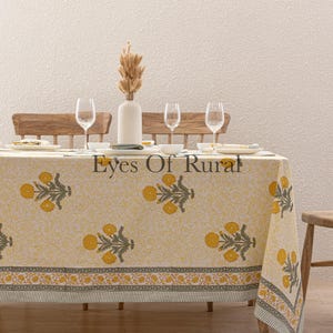 Beach Bright Yellow Indian Block Print tablecloth, Floral Cotton Table Cover, Table Runner Napkins Gift For Housewarming, Cloth for sale