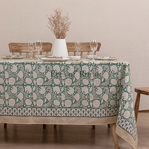Moss Green Indian Block Print tablecloth, Floral Cotton Table Cover, Table Runner Napkins, Farmhouse Tablecloth , Gift For Housewarming