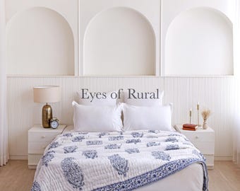 Blue Block Print Cotton Quilt, Reversible Indian Floral Bedspread