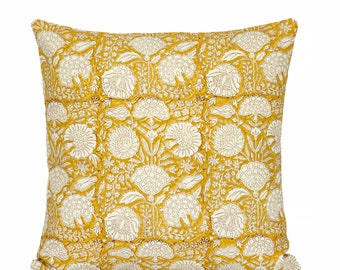 Mostaza amarilla floral de diseñador en funda de almohada de lino natural, funda de almohada amarilla, almohada boho, almohada decorativa, funda de almohada floral