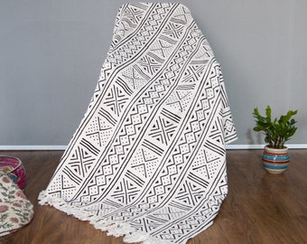 Gooi deken Boho modderdoek bedhoes met kwasten handgetouwde blokprint katoenen sofa plaid voor woonkamer