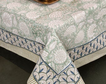 Floral Cotton Tablecloth, Blue Indian Block Print, Dining Table Cover