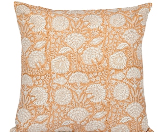 Terra Cotta Floral Pillow Cover, Indian Block Print, Natural Cotton