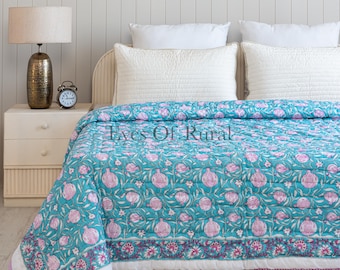 Edredón reversible con estampado de bloques azul y rosa de verano, hecho a mano en algodón Razai, tamaño queen, cubrecama a la venta, decoración de dormitorio.