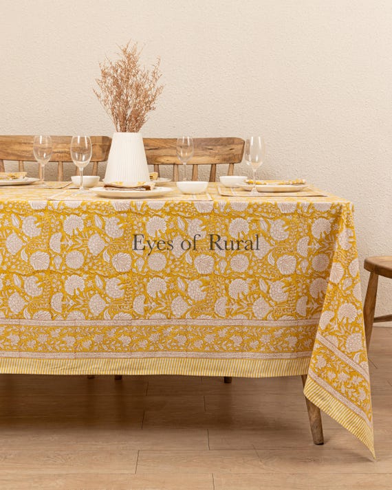Summer Bright Yellow Indian Block Print tablecloth, Floral Cotton Table Cover, Table Runner Napkins Gift For Housewarming, Cloth for sale