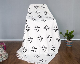 Handloomed Mud Cloth Throw Blanket with Tassels Handmade Block Printed 100% Cotton Textile 120X170 Cms Christmas Gift, throw for sale