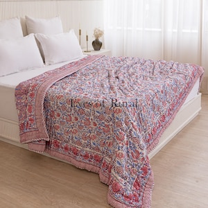 Pigeon Blue Hand Block Printed Quilt, Kantha Quilt, Handmade Floral Quilt Reversible Quilt Jaipuri Quilt Hand Stitches Quilt Throw Blanket