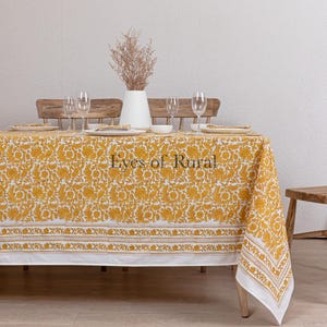 Yellow Indian Block Print tablecloth, Floral Cotton Table Cover, Table Runner Napkins Gift For Housewarming, Cloth for sale