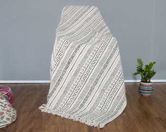 Throw Blanket Bohemian Mud Cloth Bed cover with Tassels Hand Loomed made Print Cotton Sofa Throw for Living Room