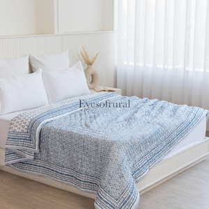 Blau Block Print Quilt, Indische Reversible Jaipur Aztek Baumwolle Voile Handgemachte Blumen Quilt, Jaipuri razai Tröster Tagesdecke, Geschenk
