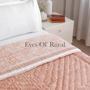 Beautiful Handmade Floral Block Print Reversible Cotton Quilt, Pale Summer Season Winter Warm Bedspreads, Block print King quilt for sale,