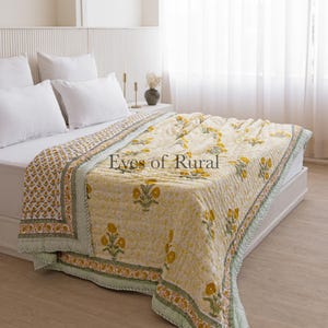 Yellow and Green Buta Handmade Floral Block Print Reversible Cotton Quilt, Winter Warm Bedspreads, Block print King quilt for sale