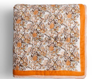 Edredón reversible de algodón con estampado floral de hojas de otoño, hecho a mano, cubrecamas cálidos, edredón de algodón, edredón con estampado de bloques, edredón tamaño queen a la venta
