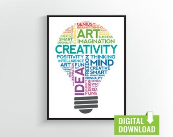 Arte impressa em nuvem de palavras com lâmpada criativa: decoração para sala de aula (download digital)