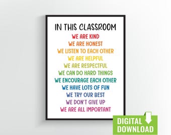 Poster klasregels: regenboogwaarden, positief decor (digitale download)