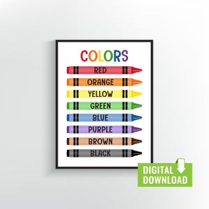 Colors Chart Poster Digital Download | Rainbow Crayon Printable for Classroom or Homeschool