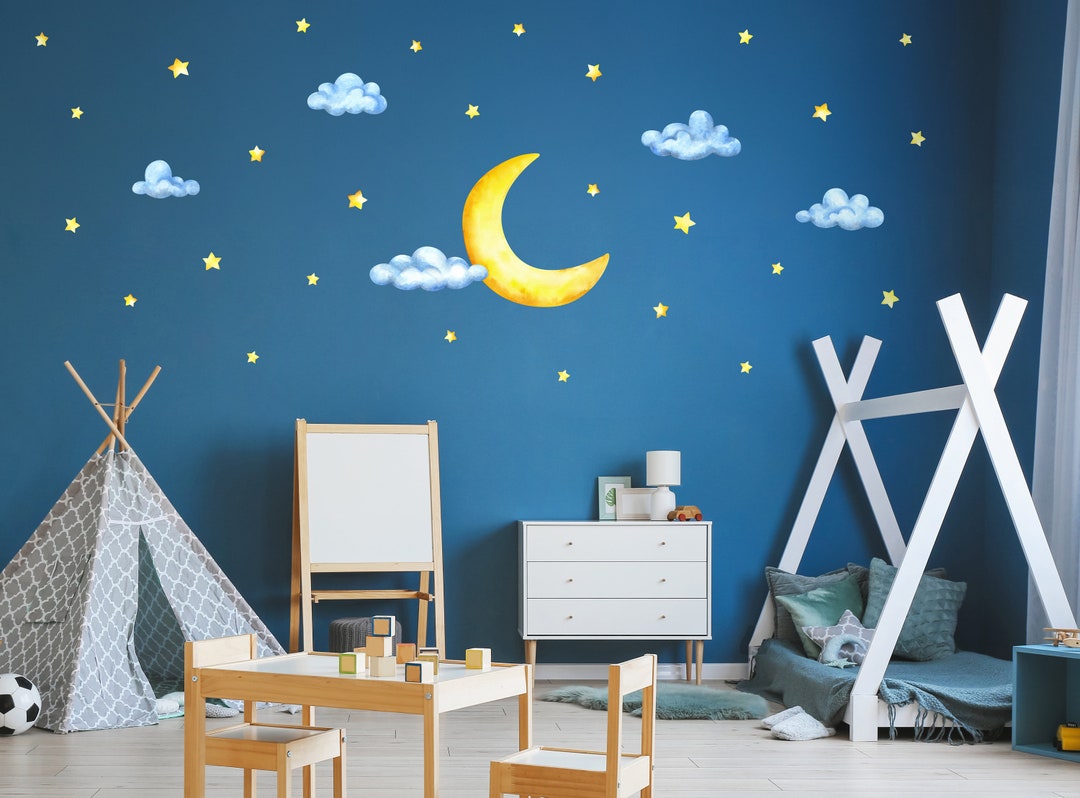 Watercolor Moon and Stars Fabric Decal | Reusable Nursery Decor - Etsy