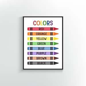 Colors Chart Print | Rainbow Crayon Wall Art for Kids, Classroom, or Homeschool Decor