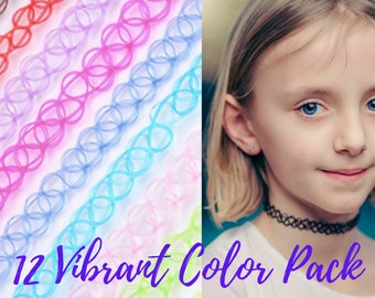 12 Vibrant Color Rainbow Elastic Stretch Choker Necklace Set • Tattoo Vintage Style • Fun Jewelry for Girls, Teens, Women • 12 or 24 Pieces