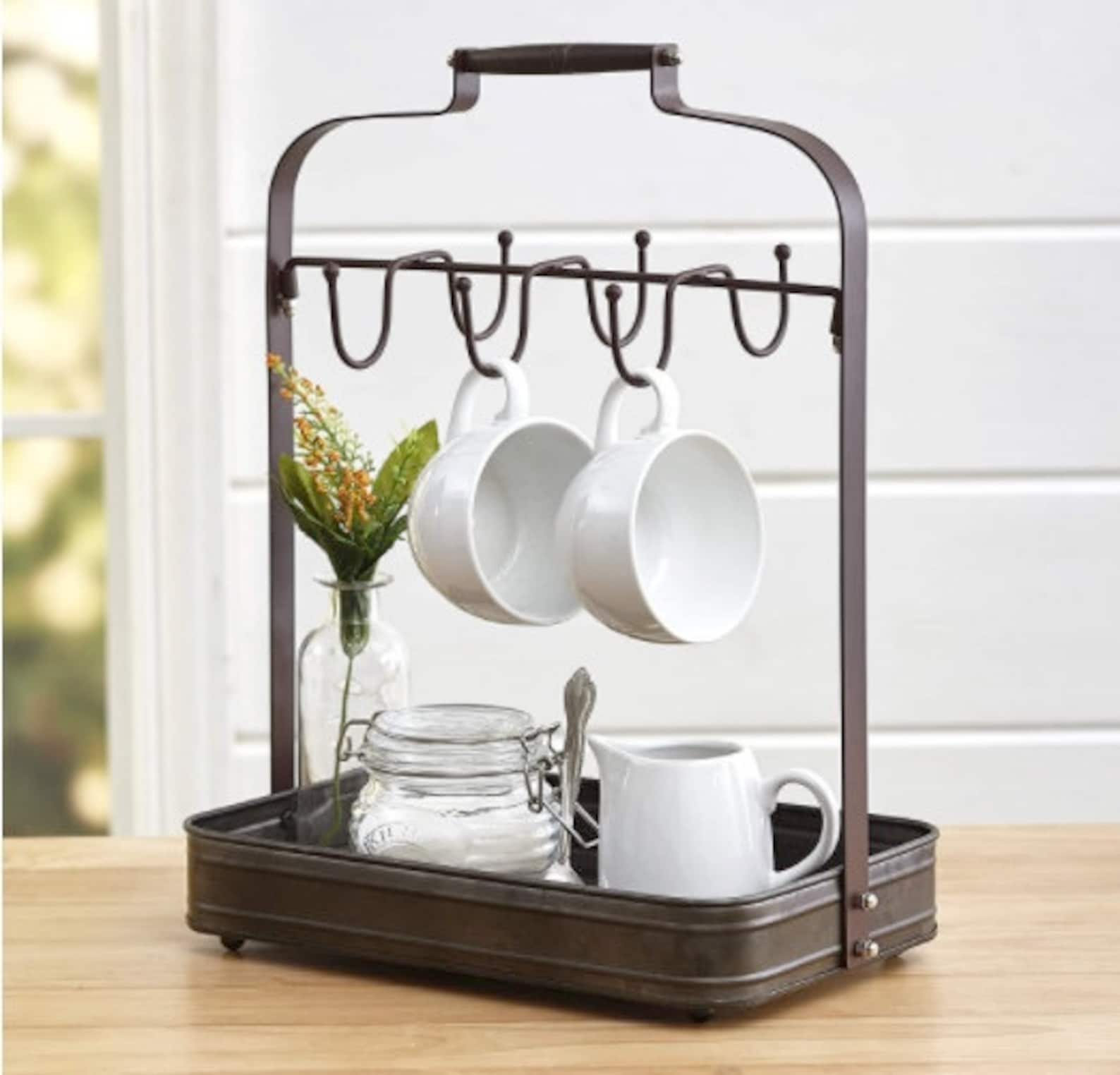 Farmhouse Coffee Mug Metal Rack Holder with Tray 6 Hooks Etsy