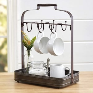 Beautiful Farmhouse Rustic Coffee Mug Metal Rack Holder with Tray • 6 Hooks Storage • Distressed Metal • Kitchen Décor Storage & Organizer