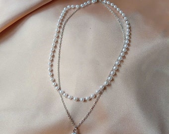 Pearl Necklace with Choker Strand and Chain with Pendant - 18" Gold or Silver Color Chain