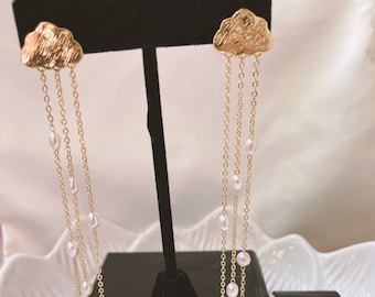 Gold Cloud Raindrop Earrings: Real Pearl Dangle Earrings