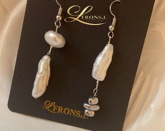 Pearl Drop Earrings,Keshi Pearl Long Drop Dangle Earrings,Silver Earrings,Gift For Her,Handmade Jewelry,Christmas Gifts,Asymmetry Earrings